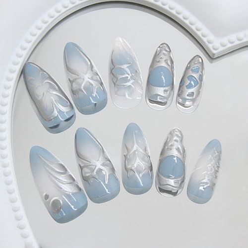 Medium Almond Press On Nails Blue with French Tip Y2K Bow Heart - color: Style14