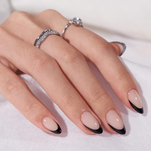 BTArtbox Press On Nails, Black French, Short Almond, Black Nude, 32Ct - color: A-Black French