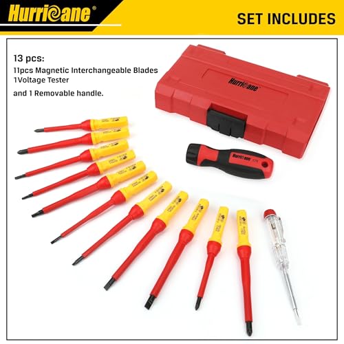 HURRICANE 13 Piece 1000V Insulated Electrician Screwdriver Set, Cr-V Magnetic Tip. 4 slotted, 2 Phillips, 2 Pozidriv, 3 Torx, 1 Electroprobe, and 1 handle. Ideal for Professional & Home Repair - size: 13 Piece Basic Insulated Screwdriver Set