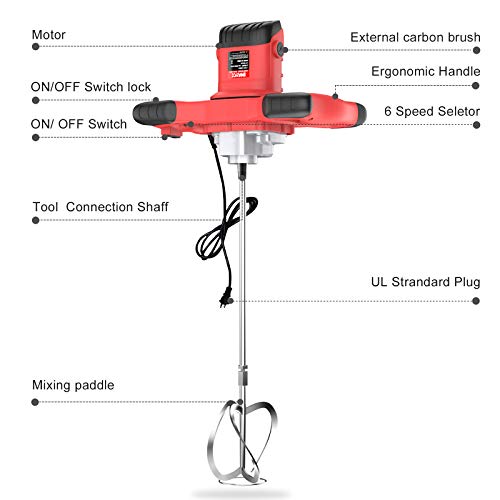 IMAYCC Cement Mixer, 2100W Electric Concrete Mixer with 6 Speed, 110V Handheld Mud Mixer for Motar,Paint, Grout, Plaster, Thinset,Fodder Stirring Tool - color: Red