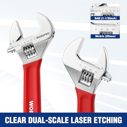WORKPRO 4-Piece Red Wide Jaw Adjustable Wrench Set, 6"-12", Chrome Plated - color: Red