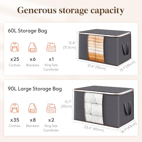 Lifewit 6 Pack Clothes Storage Bins with Lids, Foldable Blanket Storage Bags with Zippers, Clear Window and Reinforced Handles, Closet and Organization for Clothing, Sweater, Comforter, Bedding - size: 60L