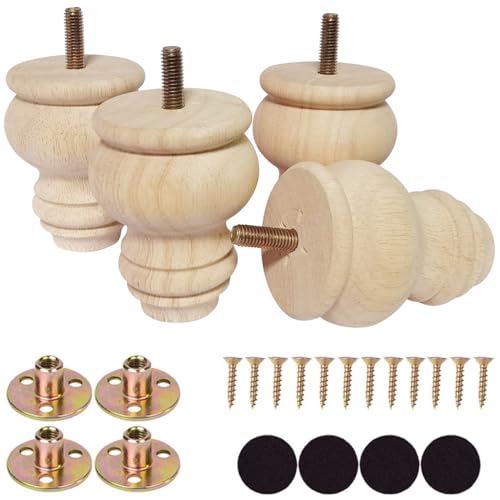 2 3 4 Inch Wooden Furniture Legs, Solid Wood Unpainted Replacement Furniture Legs, Ottoman/Loveseat Replacement Legs, Cabinet Legs/Desk/Sofa/Bookcase Round Bun Feet Set of 4 (3 Inch) - size: 3 Inch A