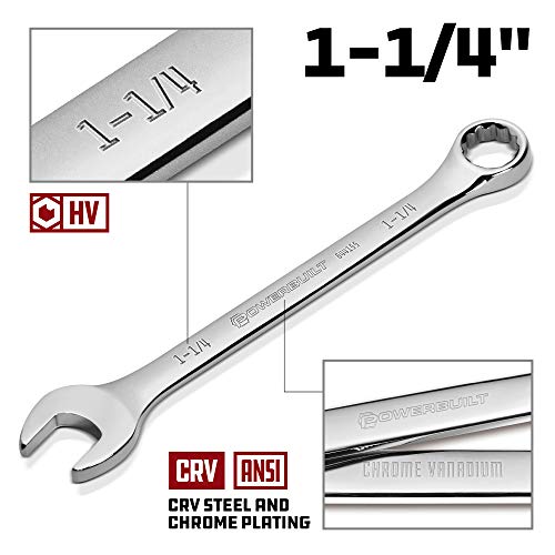 Powerbuilt 1-1/4 inch SAE Combination Wrench, 12 Point Double Ended Box and Open End, 15 Degree Offset Polished 644155 - size: 1-1/4"