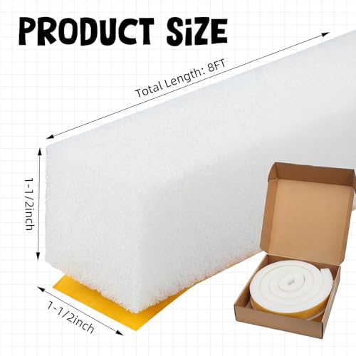 2 Rolls 1-1/2 Inch W x 1-1/2 Inch H Foam Weather Stripping with Adhesive 8 ft Foam Density Closed Cell Tape Seal for Uneven Gaps Doors Windows (White) - color: White