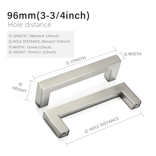 Cabinet Pulls Brushed Nickel Cabinet Handles Square Drawer Pulls, 5 Pack 3-3/4 Inch Stainless Steel Kitchen Door Cupboard Cabinet Handles, Cabinet Hardware Drawer Handles, 96mm Hole Centers - color: Brushed Nickel, size: Two Hole - 3-3/4 inch Hole Centers