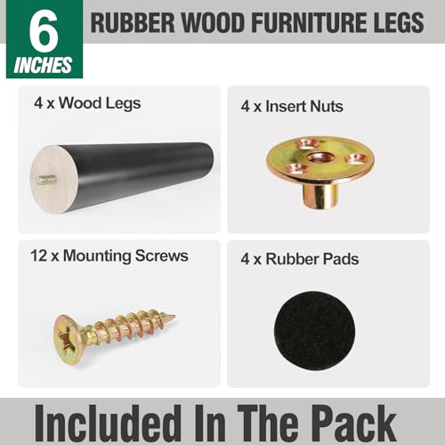 FoDau770 Rubber Wood Legs 6", Slant Taper, 5/16"-18 Thread, Black, 4pcs | Wood Couch legs - Mid Century Sofa Legs - Furniture legs Replacement for Cabinet Dresser Chair Ottoman - color: Black, size: 6 Inch - Slanted (80°)
