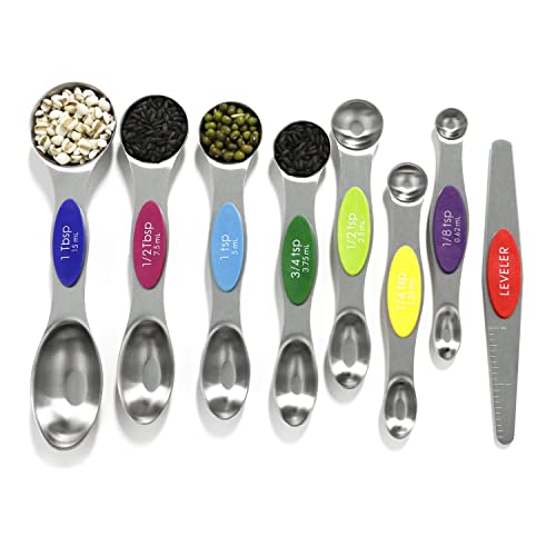 Magnetic Measuring Spoons Set Stainless Steel with Leveler, 8pcs Multicolors Measuring Cups Set for Baking, Measuring Cups and Spoon Set Kitchen Gadgets Apartment Essentials Fits in Spice Jars - color: Multicolor