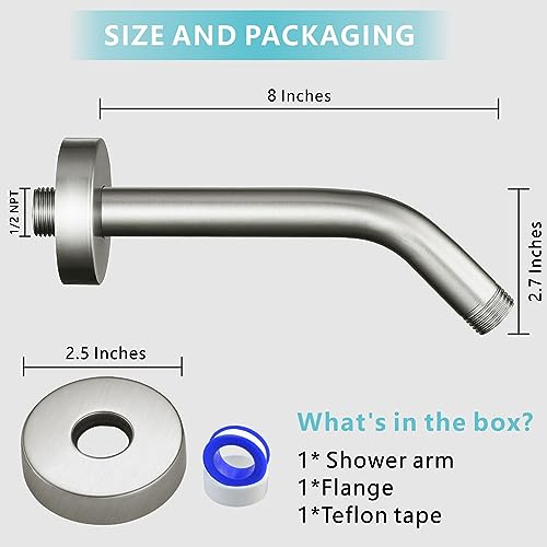 Shower Arm with Flange, 8 Inches Wall Mount Replacement Shower Head Arm For Fixed Shower Head and Handheld Showerhead, Brushed Nickel - color: Brushed Nickel, style: 8 Inch