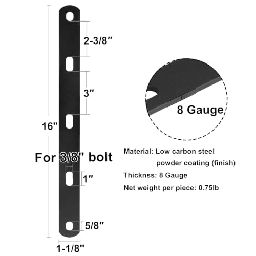 6 PCS Flat Mending Plate, Metal Bar Bracket, 16" x 1-1/8", 8 Gauge | Slotted Hole for 3/8" Bolt - size: 16" x 1-1/8"