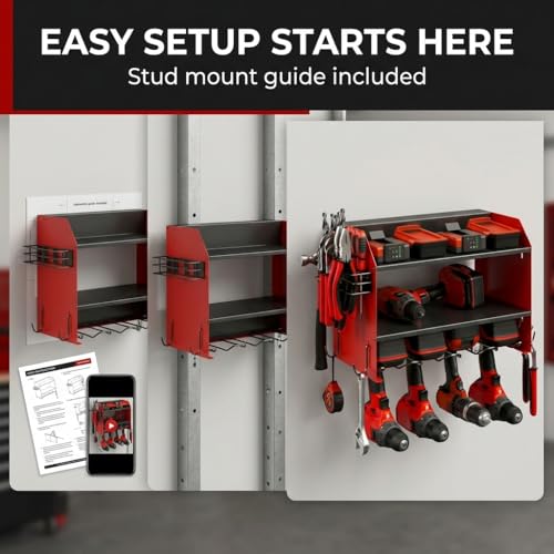Heavy Duty Power Tool Organizer – 4 Drill Holders, Pegboard, Side Racks – Garage Storage Rack for DIYers – Metal Power Tool Shelf, Easy Install – Red