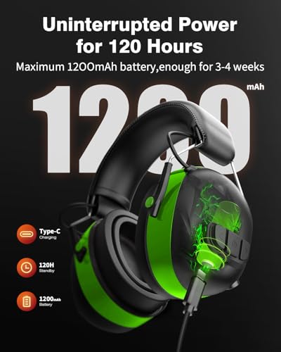 Qozybuds Gel Cushions Ear Muffs, Bluetooth 6.0 Hearing Protection Headphones with 1200mAh Battery, 120H Working Time, 30dB SNR, Larger Buttons for Easy Operation, Superior Stereo Sound Quality - color: Green-black