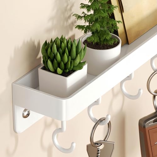 niffgaff White Key Holder Wall Mount, Stainless Steel Self Adhesive Hooks Rack with Shelf, No Drill Key Hanger for Door and Wall - color: White