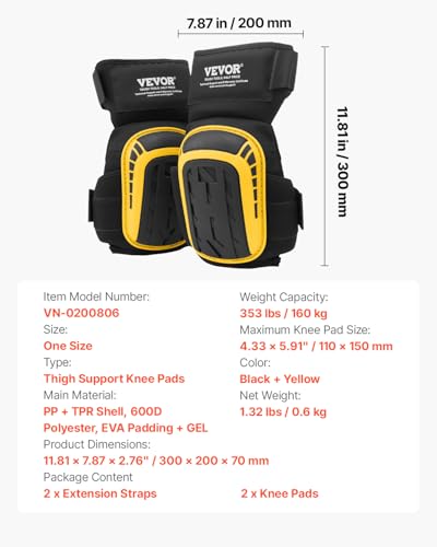 VEVOR Knee Pads for Work, Extended Heavy Duty Construction Knee Pads with 2 Extension Straps, Foam Gel Cushion, Anti-slip for Gardening Flooring Roofing and Cleaning, Men & Women, Yellow and Black