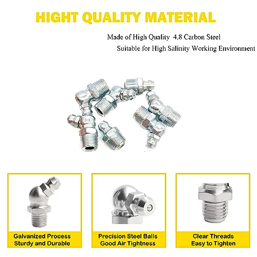 1/8"-28 12Pcs Grease Fitting Assortment - Straight 45 & 90 Degree Grease Zerk Fittings, Galvanized Steel, Industrial/Agricultural Machinery - size: 1/8"-28 12Pcs