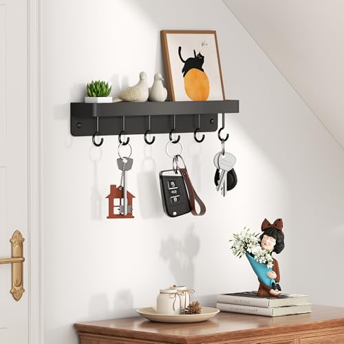niffgaff Black Key Holder Wall Mount, Stainless Steel Self Adhesive Hooks Rack with Shelf, No Drill Key Hanger for Door and Wall - color: Black