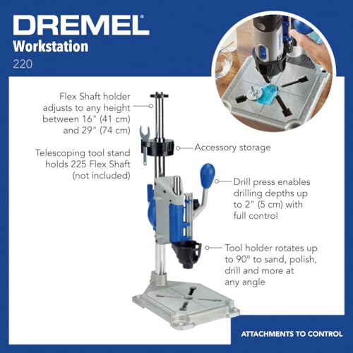 Dremel Drill Press Rotary Tool Workstation Stand with Wrench - Mini Portable Press & Tool Holder - 2-Inch Depth - Ideal for Drilling Perpendicular and Angled Holes - 220-01 - size: Silver, style: Industrial
