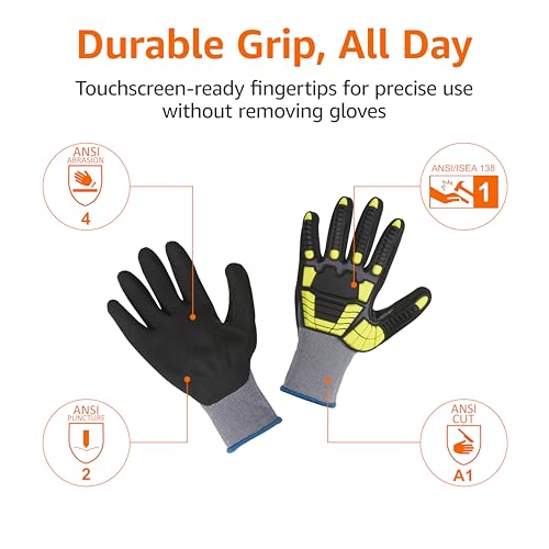 Amazon Basics Cut Level A1, Abrasion ANSI Level A4, Impact Resistant Safety Work Gloves, Touch Screen Friendly, Sandy Nitrile Coated Palm, Yellow, Size X-Large, 120-Pack - size: X-Large