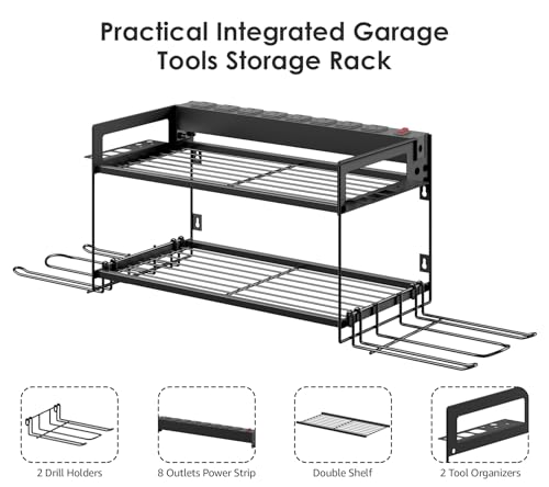 CCCEI Garage Tools Storage with Charging Station. Power Tool Battery Organizer Utility Shelf with Power Strip. 4 Drills Holder Wall Mount Rack, Black. - size: Small, style: 2 Layer