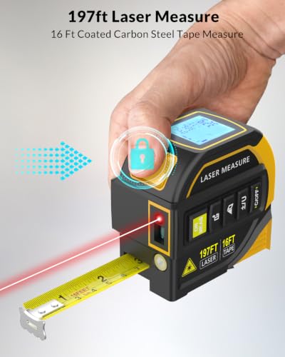 TEPU Laser Tape Measure 4-in-1, 197FT Laser Distance Meter with 16FT Tape - color: Yellow-black