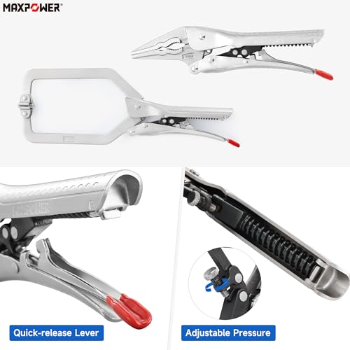 MAXPOWER Self-Adjust Locking Pliers Set – 7" Long Nose & 10.5" C-Clamp - style: Long Nose 7" | Locking C Clamp 10.5"