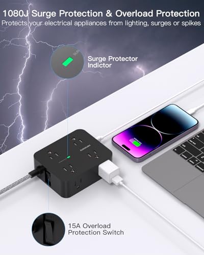HANYCONY 6Ft Surge Protector Power Strip USB C, 1080J, 8 Outlet Extender - color: Black, size: 6ft