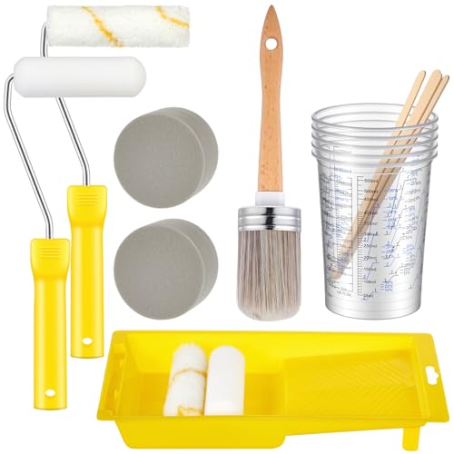 LemonRoad 18 Pieces Paint Brush and Roller Set, Painting Supplies for Cabinet Furniture, with Sponge, Tray Liner, Cup and Mixing Stick, Tools to Finish All in One Paint(4 Inch,Combo Brush Set) - size: 4 Inch, style: Combo Brush Set