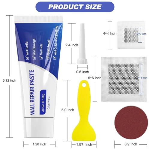SEISSO Drywall Repair Kit, Wall Mending Agent*3(100g), Wall Patch*4, Scraper and Sandpaper*2, Wall Repair Paste Kit for Wall Cracks, Graffiti, Whitewall Hole Filler and Plaster Dent Repair - style: 3pcs wall paste