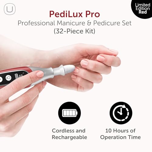 PediLux Pro Professional Manicure Pedicure Kit, Cordless Electric Nail File Drill Set, Thick Toenail Grinder, Toe Nail Dremel Tools, Filer, Buffer, Sander, Remove Cuticles, Callus for Women & Men - style: Red (Limited Edition)
