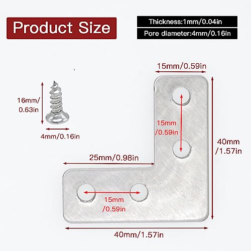 20-Pack Stainless Steel L-Shape Corner Brace 1.6x1.6Inch for Wood - size: Silver 40x40 mm