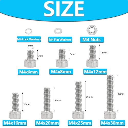 M4 Bolts,Hincell 350pcs M4 Hex Socket Head Cap Screws Bolts Washers Nuts Kit,304 Stainless Steel(M3 x 6mm /8mm /12mm /16mm /20mm /25mm /30mm) - size: M4, style: Socket Head Screws