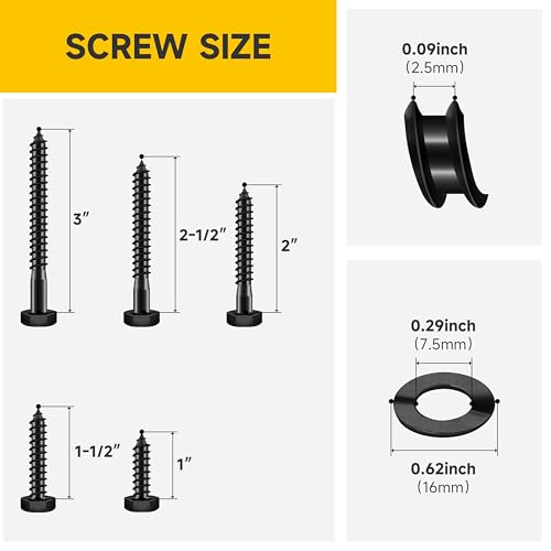 Mywish 109Pcs 1/4" Hex Head Lag Screws Assortment Kit, Heavy Duty Lag Bolts with Washers, 304 Stainless Steel Bolts 18-8, 5-Size Wood Screws for Outdoor, Black Oxide 1/4 Bolt - size: 1/4 Assorted Kit