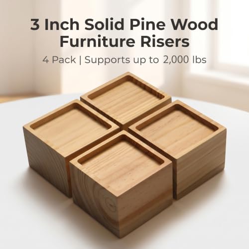 Lufia 3 Inch Solid Pine Wood Furniture Risers 4 Pack, 2000 LBS Silicone Non Slip Lift Blocks for Bed Sofa Desk Cabinet - color: Natural Wood - 4-pack, size: 3 Inch
