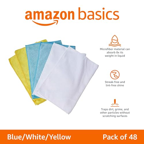 Amazon Basics Microfiber Cleaning Cloths, Highly Absorbent, Scratch-Free, Ultra-Soft, Non-Abrasive, Reusable and Washable, 16" x 12", Blue/White/Yellow, 48-Pack - color: Blue/White/Yellow, size: 48-Pack