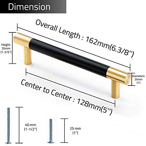 Linkaa10 Pack丨 5 Inch(128mm) Kitchen Cabinet Handles Pulls Gold Drawer Pulls with Black Planting, Black Dresser Knobs for Kitchen Cabinet Cupboard Bedroom Bathroom（Solid Brass，5‘’ (128 mm) - size: 128 mm