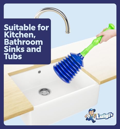 Luigi's Sink Plunger Kitchen - Sink Plunger Bathroom - Drain Bathtub or Shower - Large and Powerful Clog Remover - Commercial Style Plumbers Plungers with Large Bellows - Blue Green - Grande - color: Blue/Green - Grande Plunger