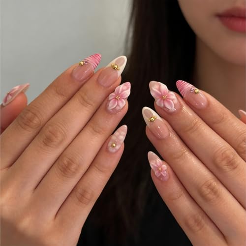 3D Pink FlowerFrench Tip Press on Nails Medium Almond Fake Nails with Flower Designs, Glossy Finished Reusable False Nails with Adhesive Glue Tabs - 24Pcs Nail Kit for Women Manicure - color: pink flower