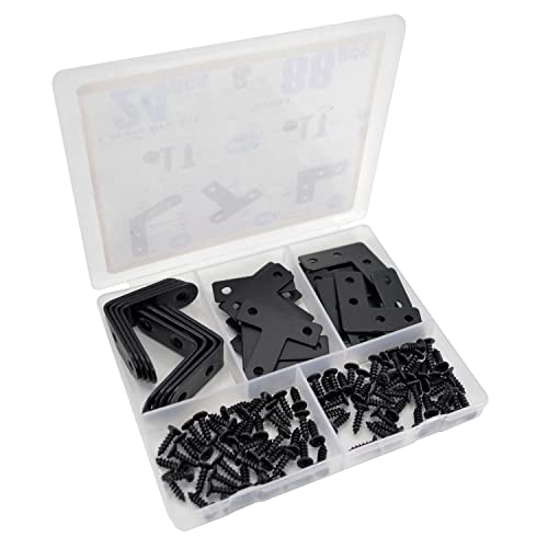QSJ 24 Pack L Bracket Corner Brace Sets, 1.57x1.57 Inch Black Stainless Steel 90 Degree Right Angle Brackets Fastener L Braces with 88 Screws for Wood, Shelves, Furniture, Cabinet - size: 24Pcs Bracket Set (Flat T/L/Solid L)