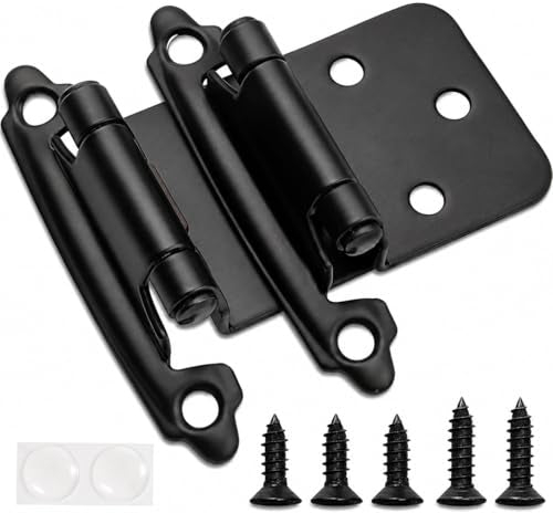 Decobasics 1/2" Overlay Matte Black Cabinet Hinges (5 Pair -10 Pcs) Self Closing Bath & Kitchen Cabinet Hinges Black Flush Mount w/Door Bumpers & Upgraded Screws - color: Matte Black, size: 10 Pack