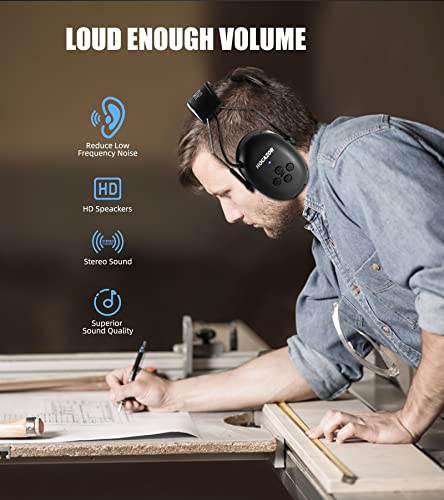 HZ07 Upgrade Bluetooth 5.3 Hearing Protection - NRR 25dB Noise Cancelling Earmuffs 40 Hours+ Playing Time with 1500mAh Rechargeable Battery for Mowing, Workshops, Black - style: Black, No Fm/Am, Bluetooth, Rechargeable Battery