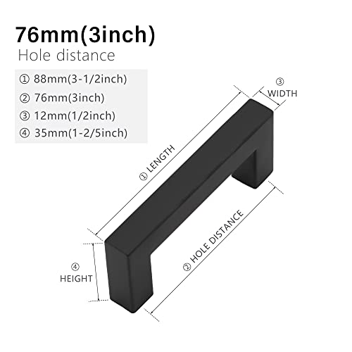 Matte Black Cabinet Handles - Square Drawer Pulls, 3 Inch Stainless Steel, 10 Pack, 76mm Hole Centers - size: 3 inch Hole Centers(76mm)