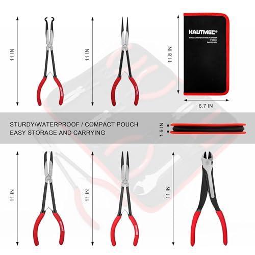 HAUTMEC 11Inch Extra Long Needle Nose Pliers Set, 5PCS Spring Loaded Heavy Duty Long Reach Pliers Include Hose Grip and Diagonal Cutting Plier, Straight and 45/90 Degree Bent Nose Pliers - color: 5pcs Long Plier Set