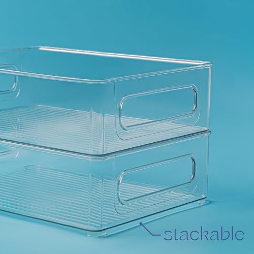 Plastic Food Storage 6 Pack Clear Container Bin with Handles for Organizing Kitchen, Pantry, Refrigerator, Freezer, Pantry, Cabinet, Closet, Bathroom. Stackable 10”x8”x3” - size: 10x8x3