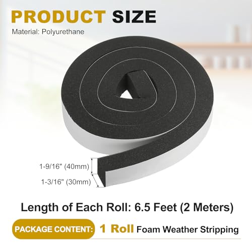 uxcell Weather Stripping Door Seal, 1-9/16" x 1-3/16" x 6.5 Ft Adhesive Foam Tape Seal Soundproof Insulation Strips for Door Frame Window Gaps (1 Roll, 6.5 Feet) - size: 1-9/16" x 1-3/16" (6.5 Ft)