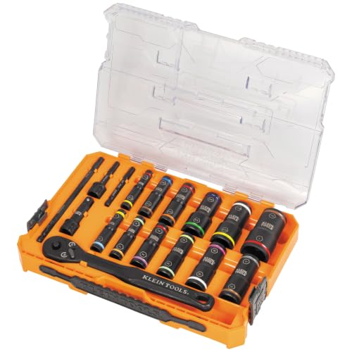 Klein Tools 65626 KNECT Deep Well Impact Socket Set, 3/8-Inch Drive Ratchet, 24 SAE and Metric Flip Socket Sizes, MODbox Case - style: 24-Piece Metric & SAE Set