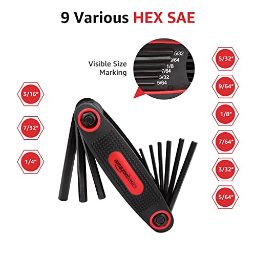 Amazon Basics Folding Hex Key Set, Metric, SAE, and Star Sizes, Chrome Vanadium Steel, 3-Pack