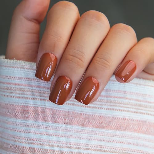 CurvLife Short Square Fall Press On Nails, Orange Red Solid, Soft Gel - color: Orange Red Solid