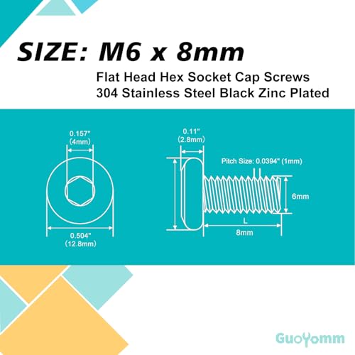 M6 x 8mm 40Pcs Flat Head Hex Socket Cap Screws, 304 Stainless Steel 18-8, Black Zinc Plated, Connection Furniture Bolts, Full Thread - size: M6 x 8mm(40PCS)