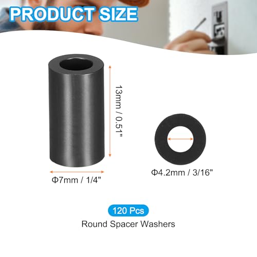 PATIKIL 120Pcs ABS Spacers 4mm ID, 7mm OD, 13mm Height Plastic Round Stud Spacer Black Nylon Washers Nut Unthreaded Rubber for M4 Screws Bolts Barrel - size: 4mm ID, 7mm OD, 13mm Height