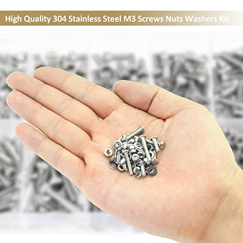542 Pieces M3 x 6/8 /12/16 /20/25 /30mm Button Head Socket Cap Screws Nuts Washers Assortment Kit, 304 Stainless Steel, Fully Machine Thread - size: M3, style: Button Head